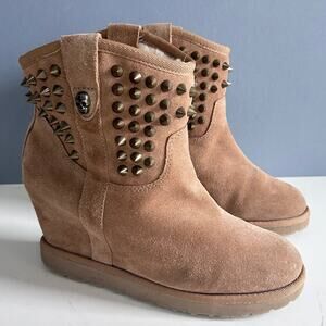 Ash boots women's size 9.5 shearling leather skull studded Yahoo wedge brown